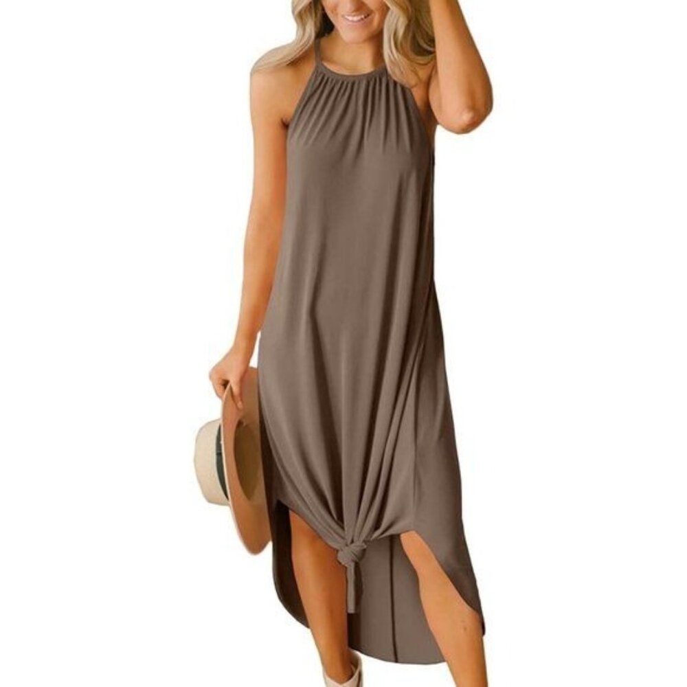 For G and PL Summer Side Slit Halter Maxi Dress NEW Khaki Brown SMALL